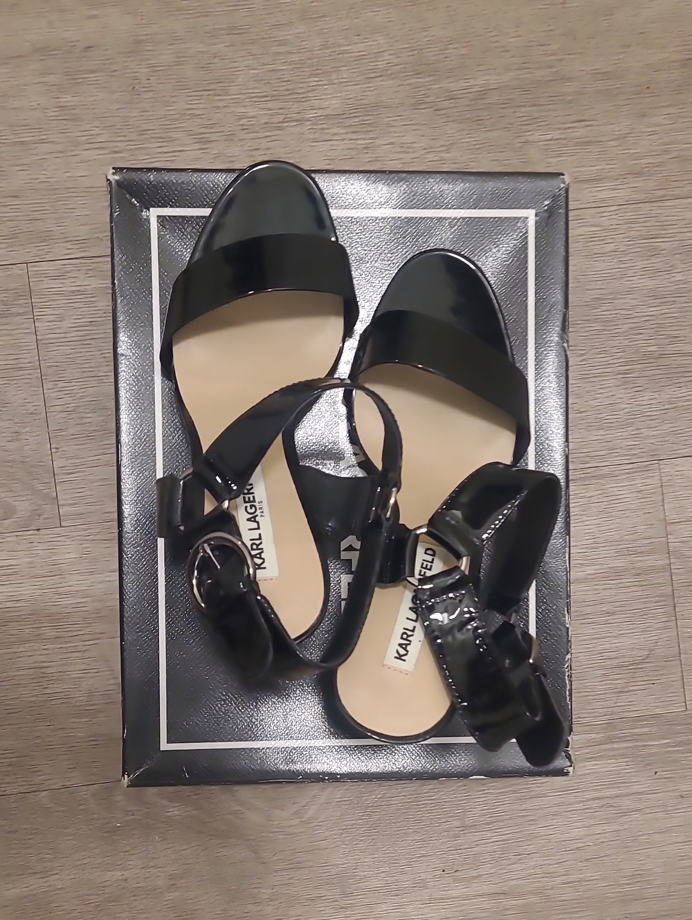 NIB Karl Lagerfeld Black Patent Ankle-Strap Heels - Picture 3 of 7
